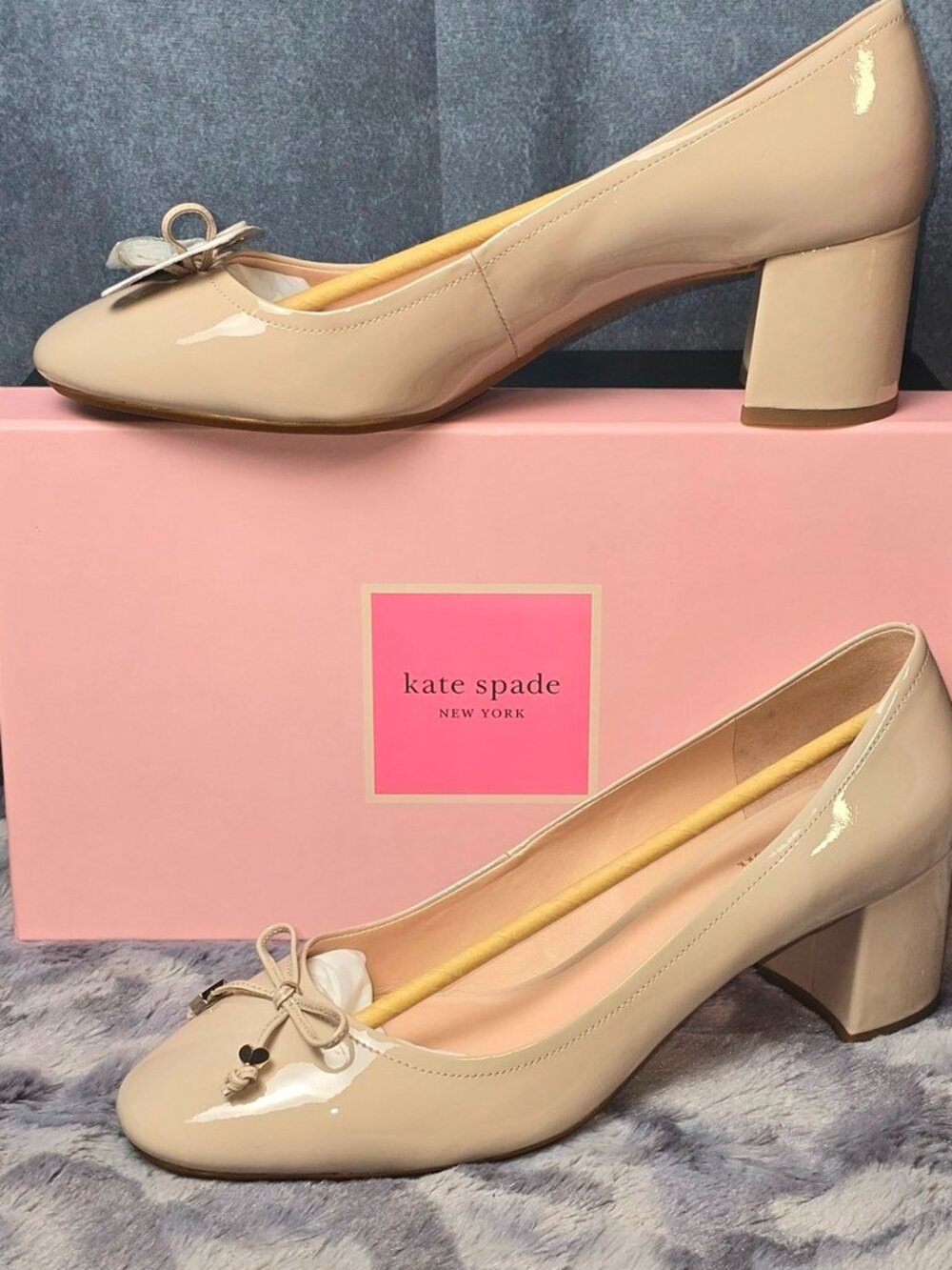 Kate Spade Bev Bow Pumps Tusk Patent Leather Block Heel